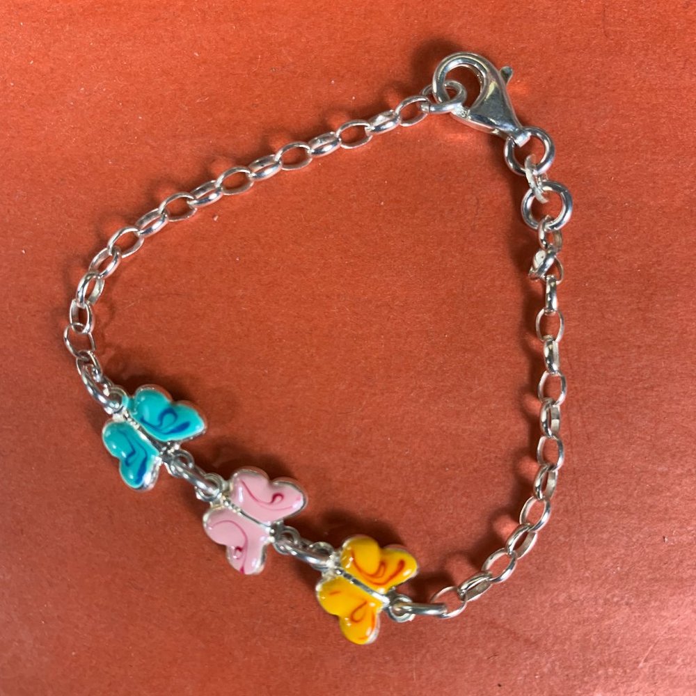 NEW Italian Children's Silver (not plated) Enamel Butterfly Bracelet 5"